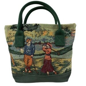 Vintage Tapestry Golf Scene Tote Bag Forest Green Canvas Woven Handbag Small